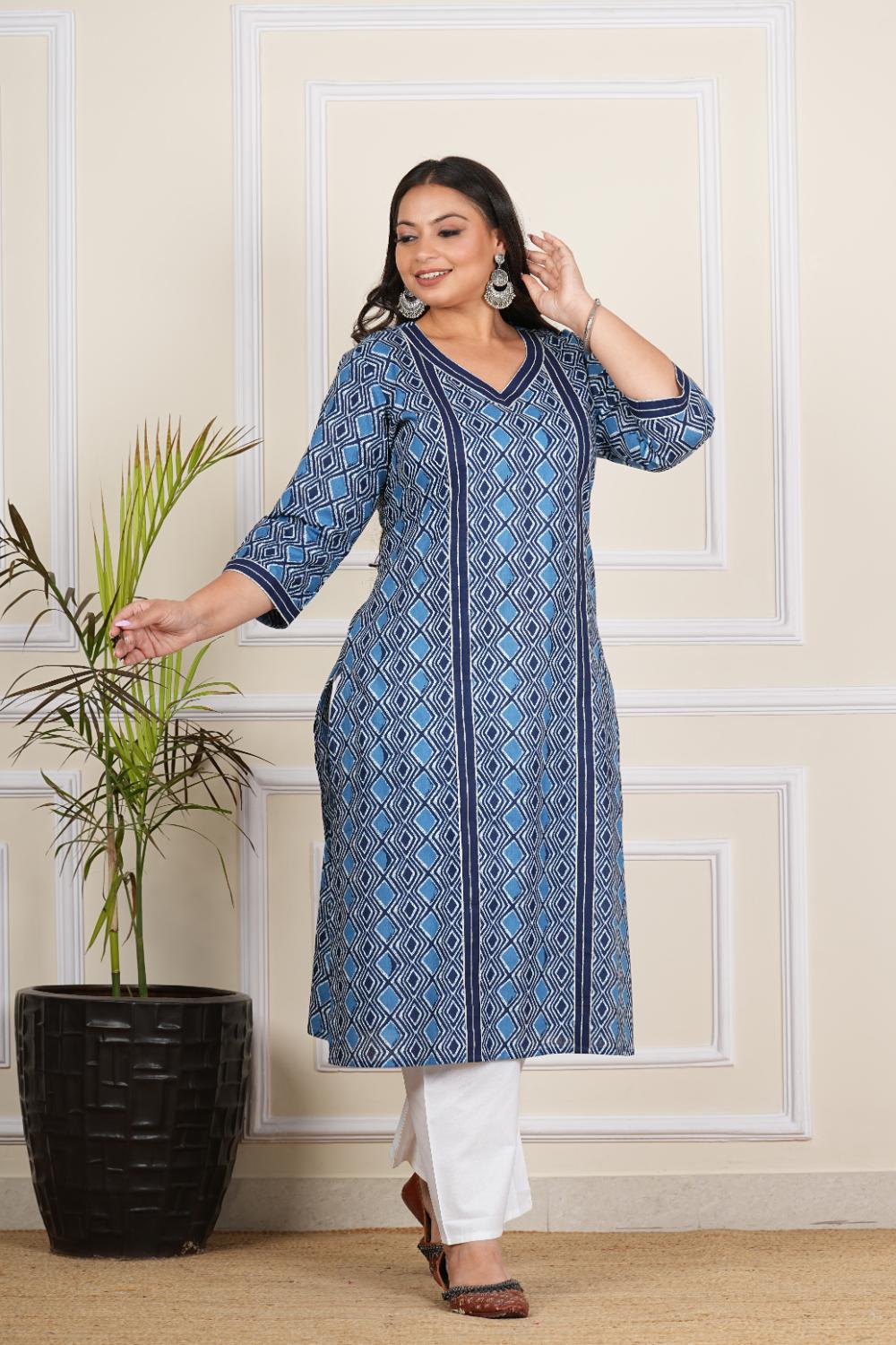 Indigo Abstrack Printed Kurta For Plus Size