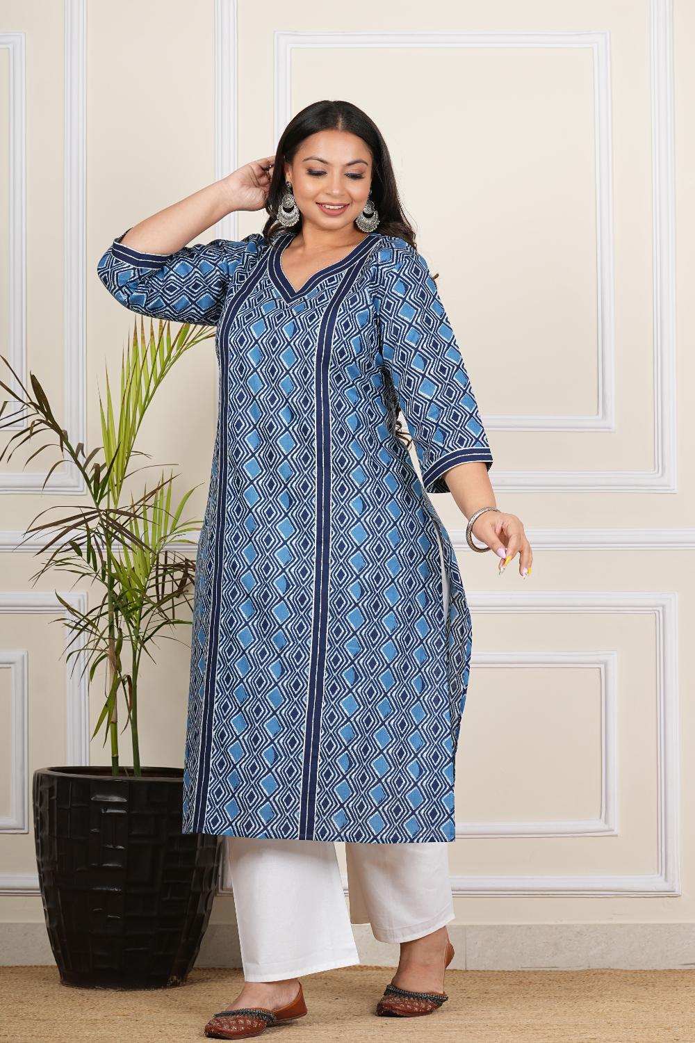 Indigo Abstrack Printed Kurta For Plus Size