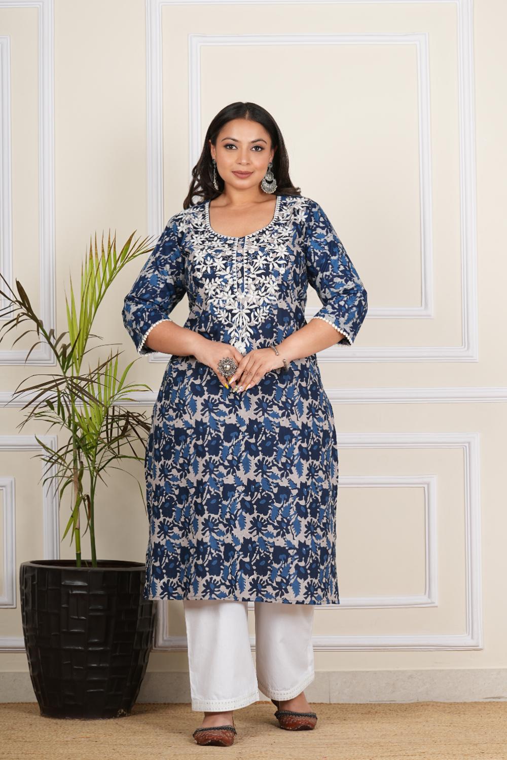 Blue Embroidary Plus SIze Plus Size Kurta