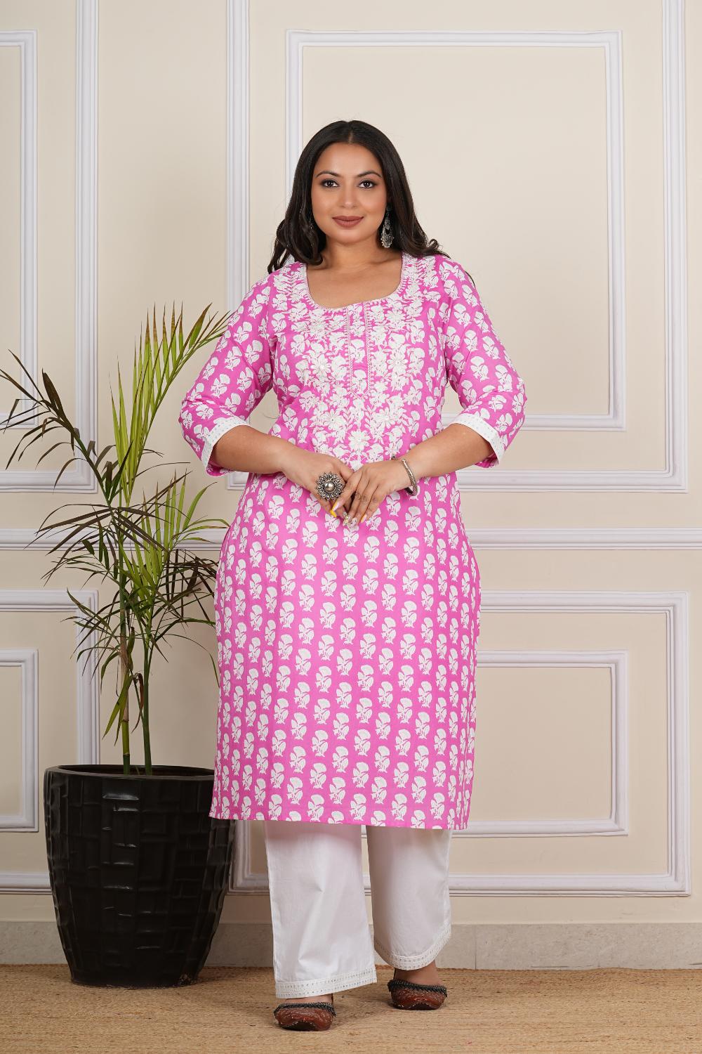 Pink Embroidary Plus SIze Plus Size Kurta