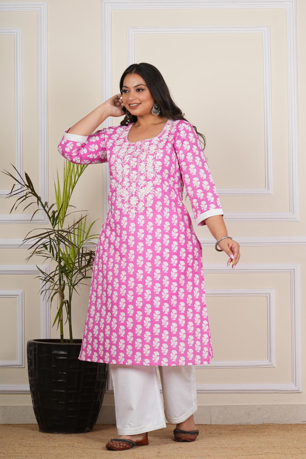 Pink Embroidary Plus SIze Plus Size Kurta