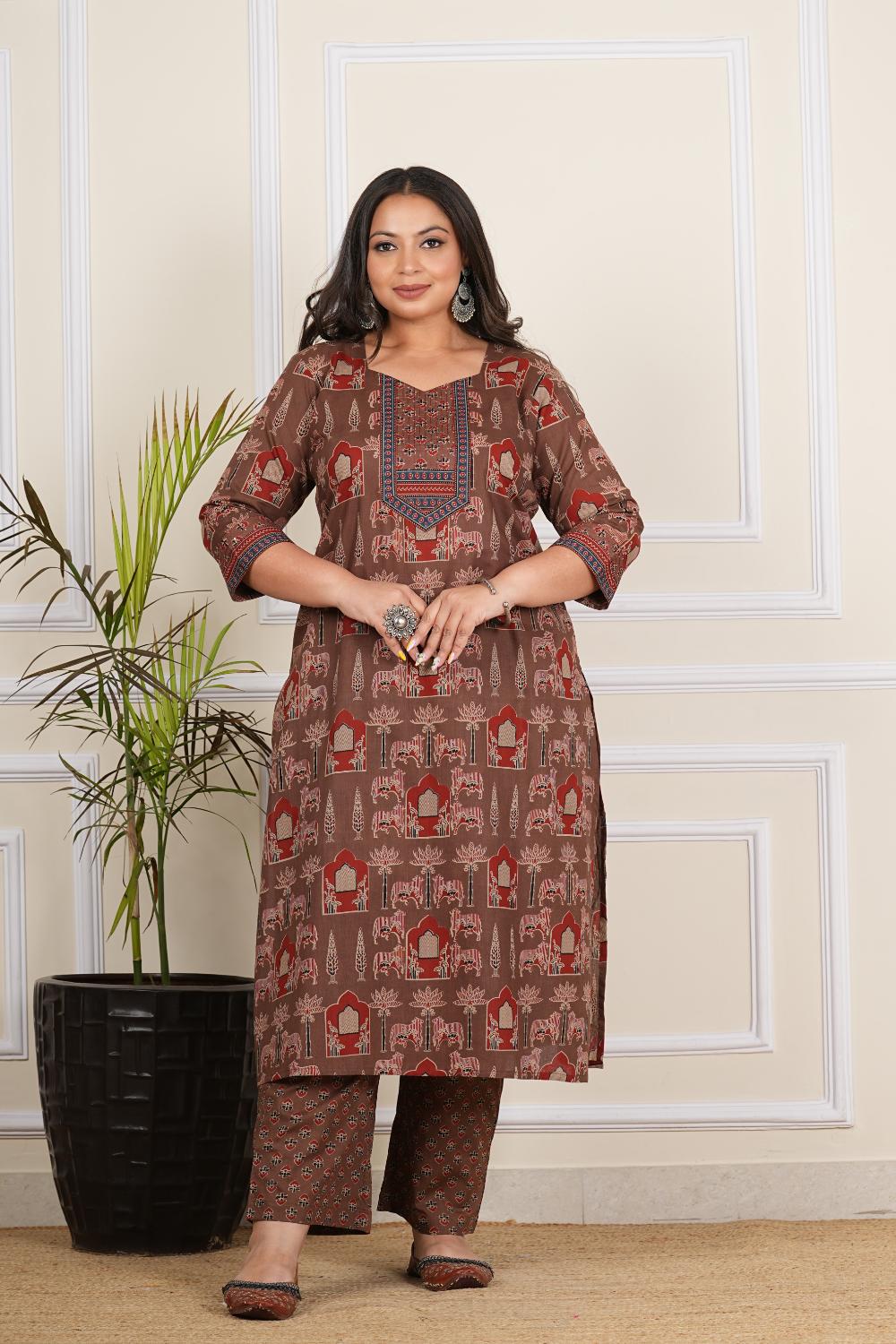 Brown Temple Printed Kurta For Plus Size Women