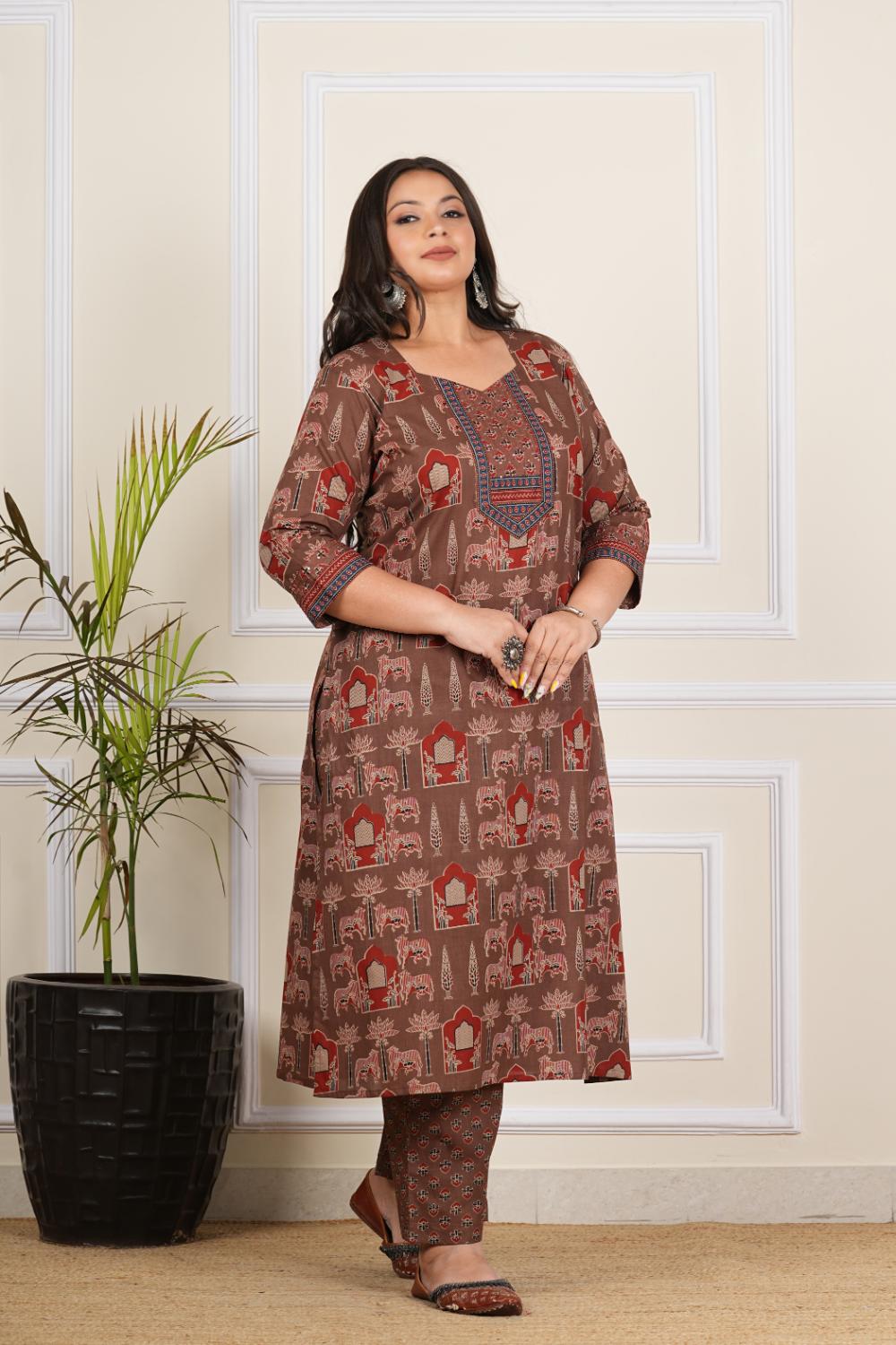 Brown Temple Printed Kurta For Plus Size Women