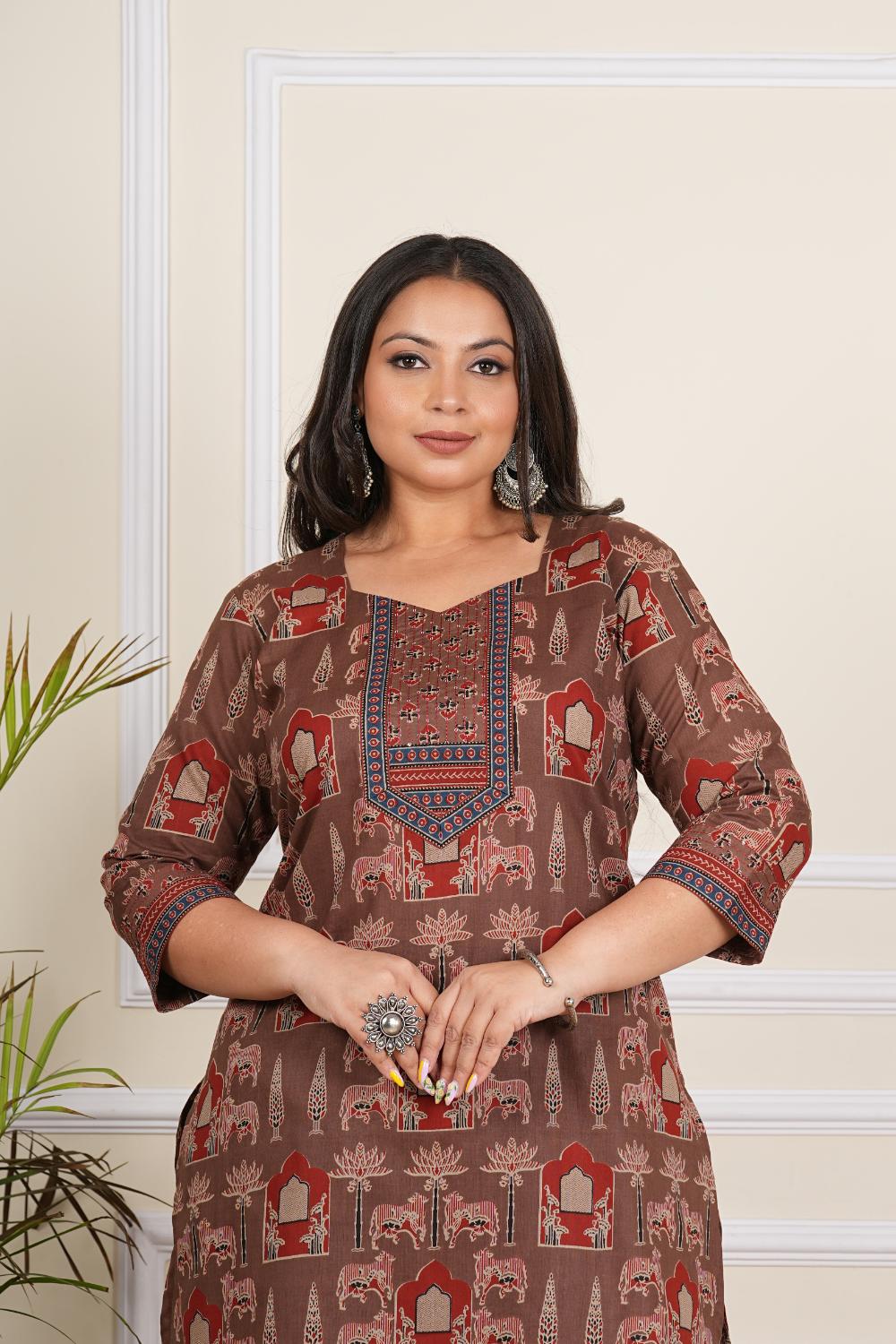 Brown Temple Printed Kurta For Plus Size Women