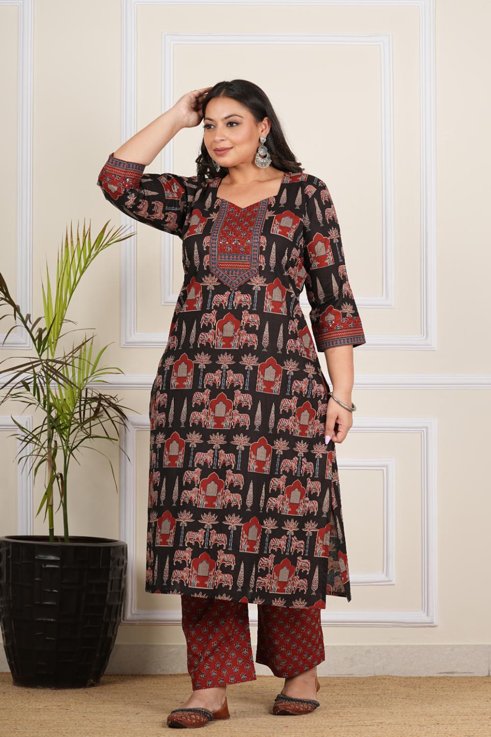 Black Temple Printed Kurta For Plus Size Women