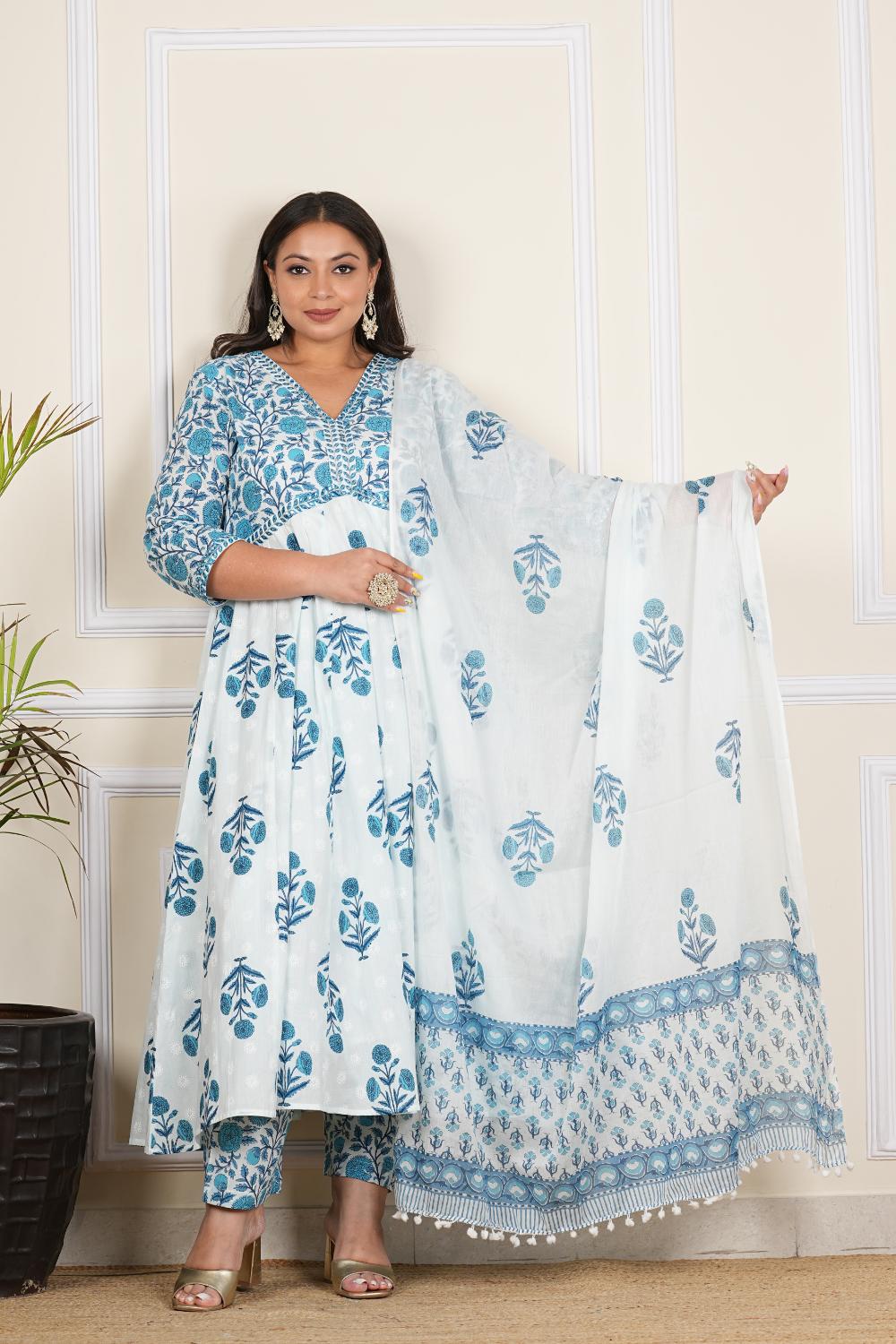 Plus Size Blue Muglai Butta Anarkali