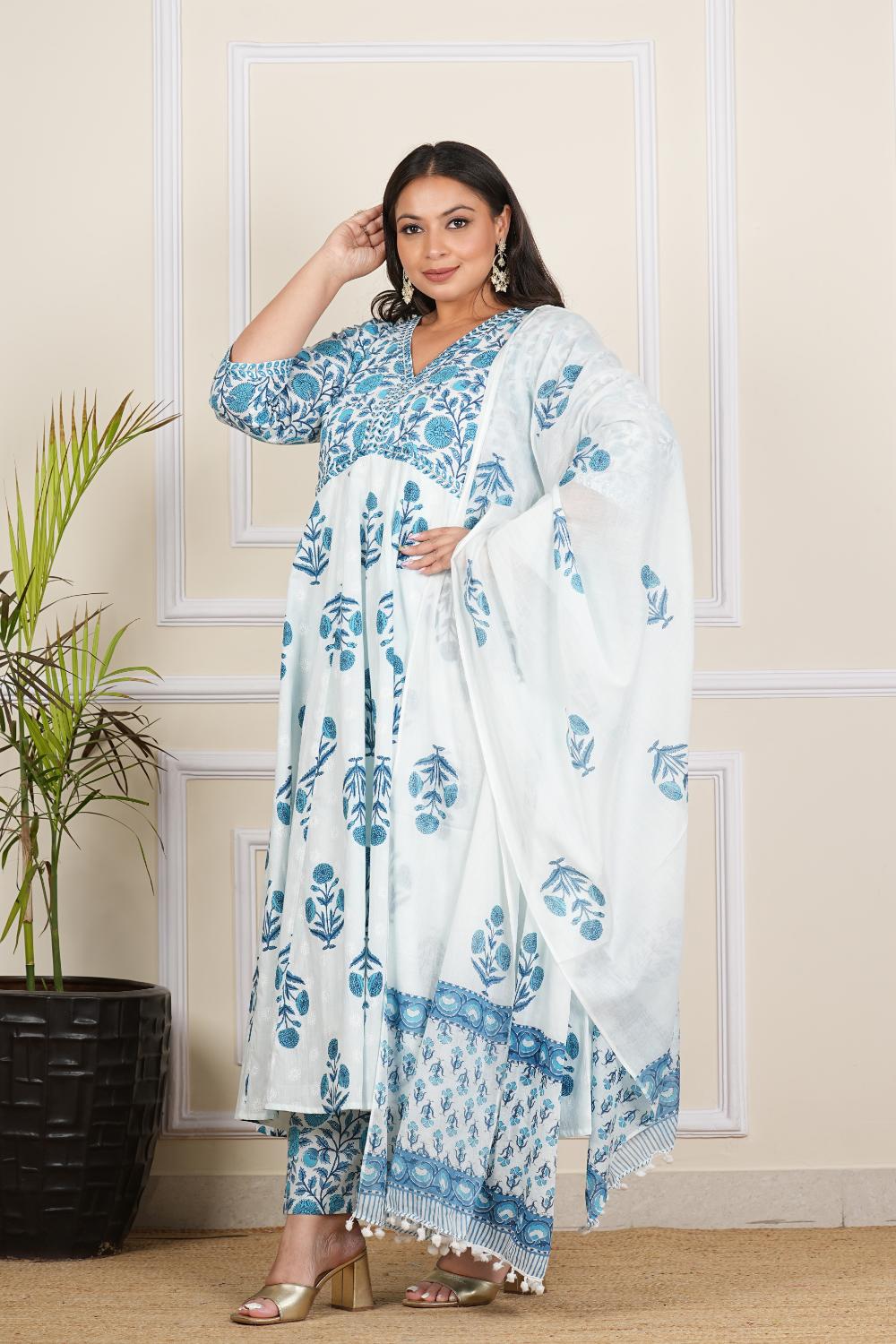 Plus Size Blue Muglai Butta Anarkali