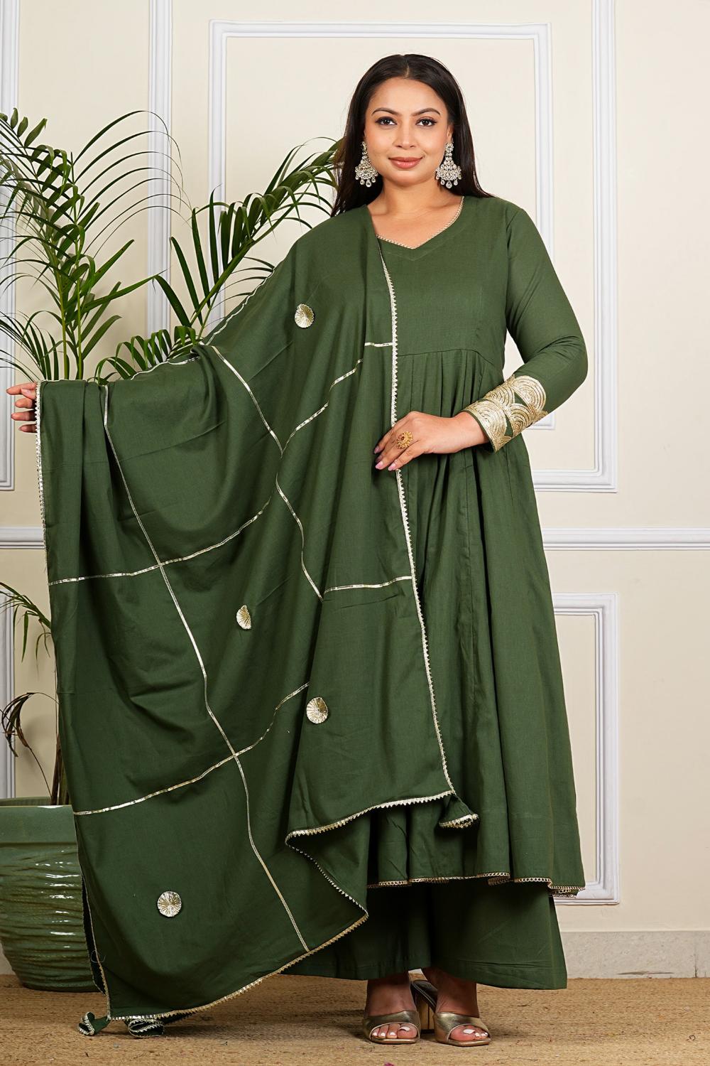 Solid Olive Green Cotton Anarkali Dress