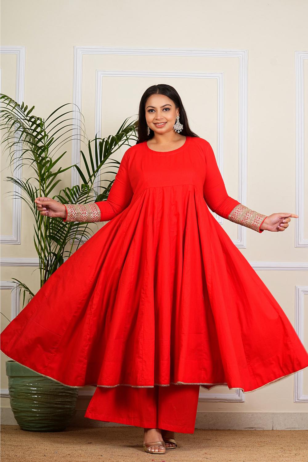 Solid Red Cotton Anarkali Dress