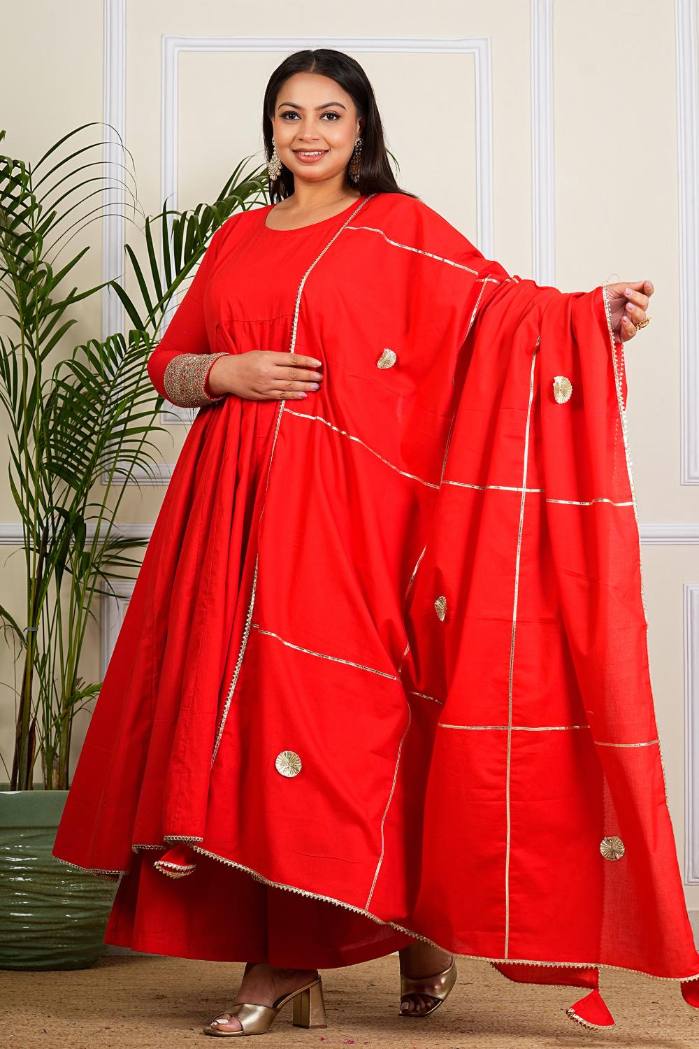 Solid Red Cotton Anarkali Dress