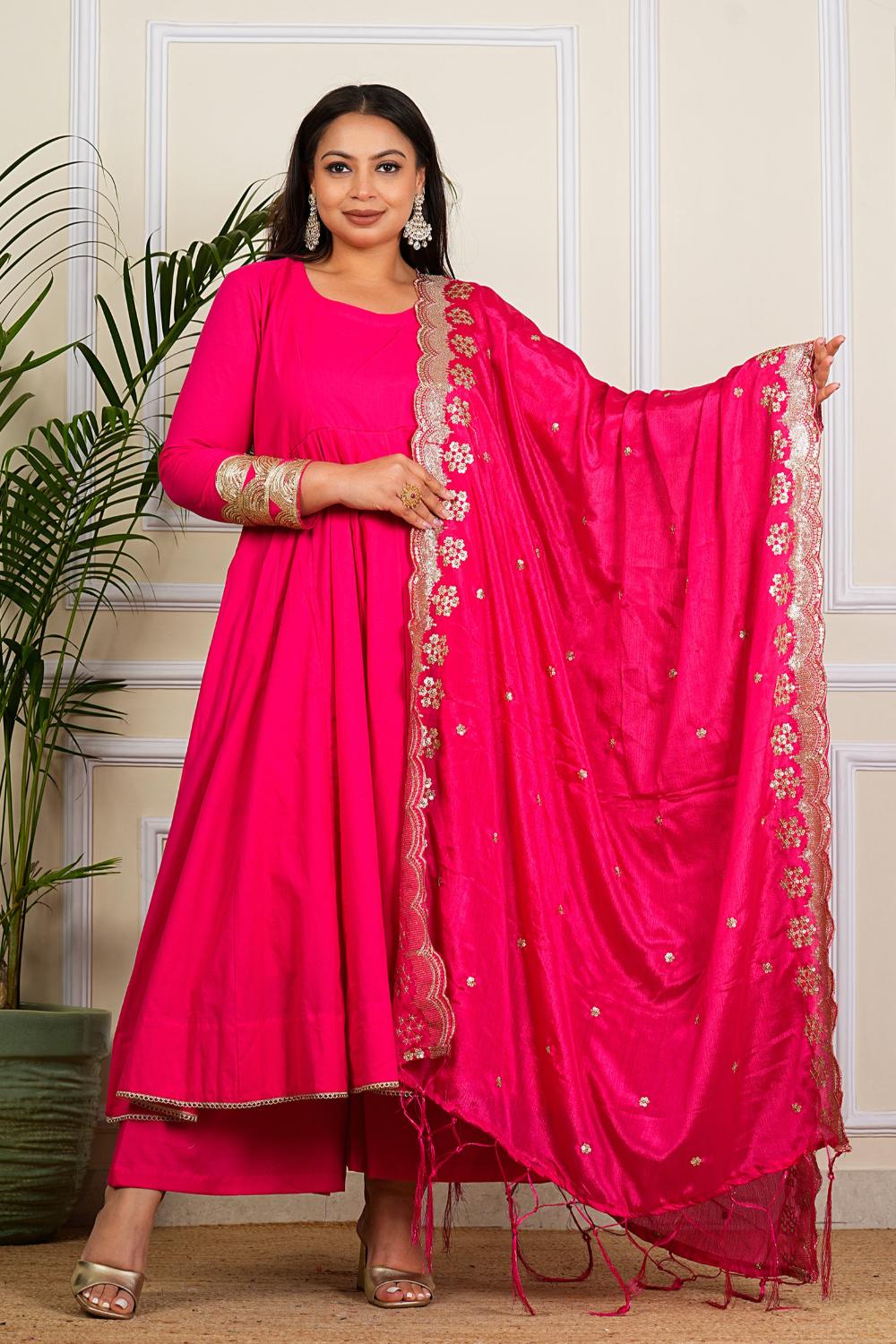 Solid Pink Cotton Anarkali Dress