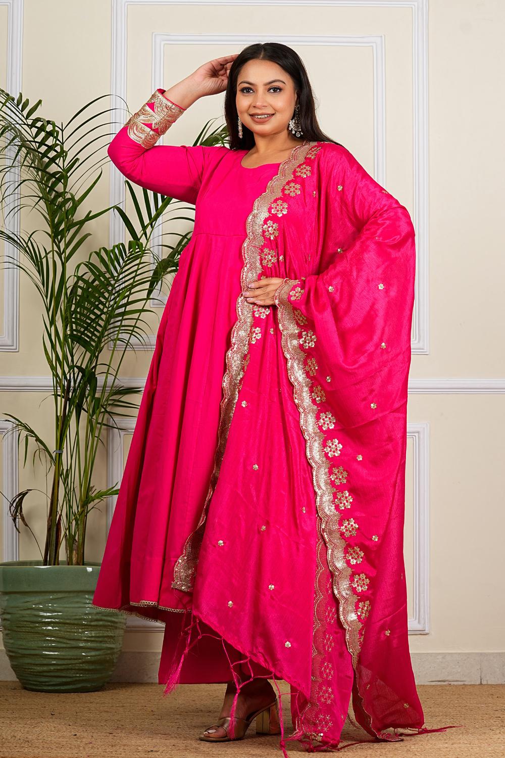 Solid Pink Cotton Anarkali Dress