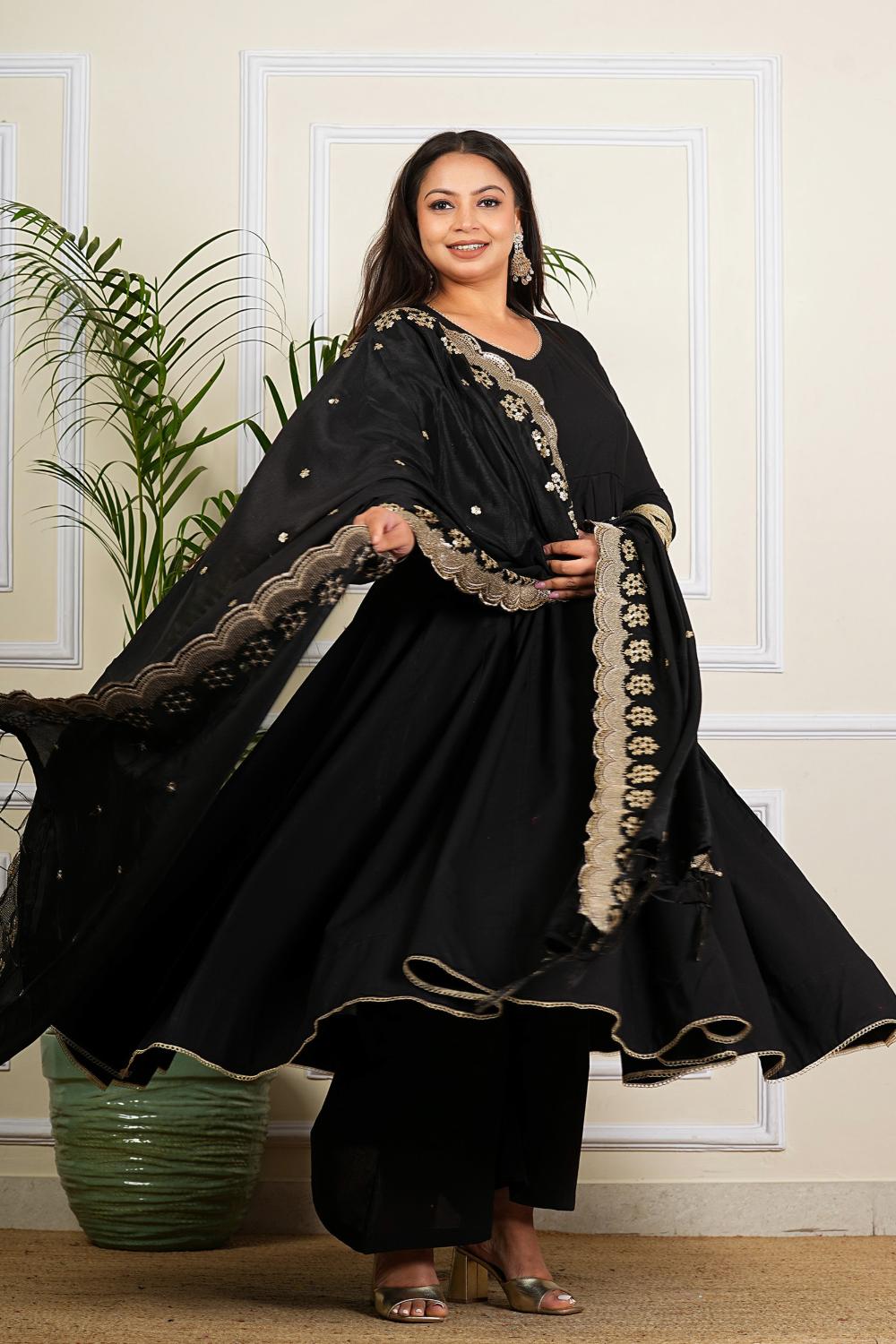 Solid Black Cotton Anarkali Dress