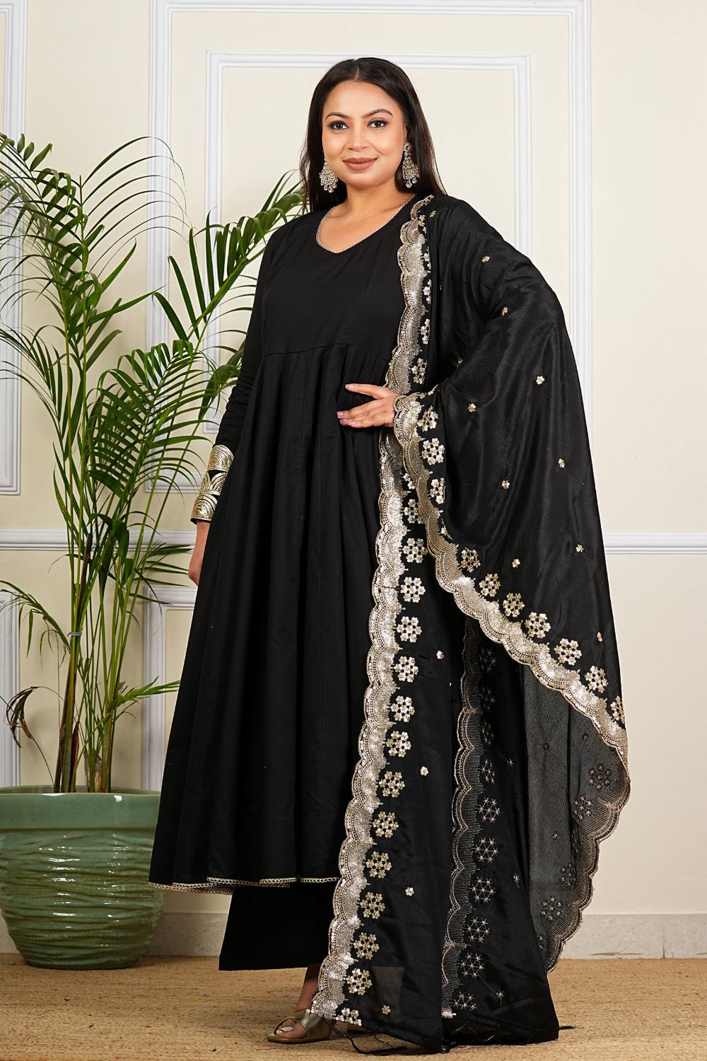 Solid Black Cotton Anarkali Dress