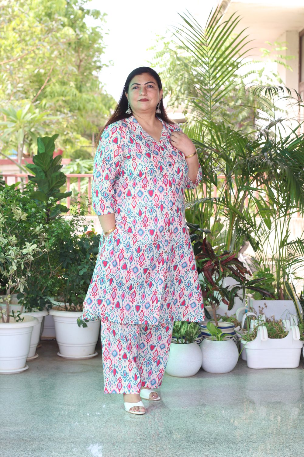 Plus Size Sky Blue Ikat Printed Coord Set