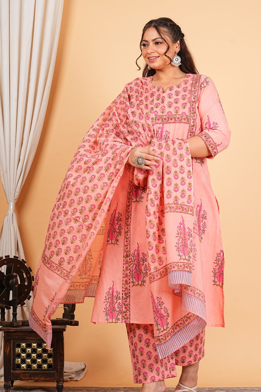 Peach Handblock Printed Kurta Dupatta Set
