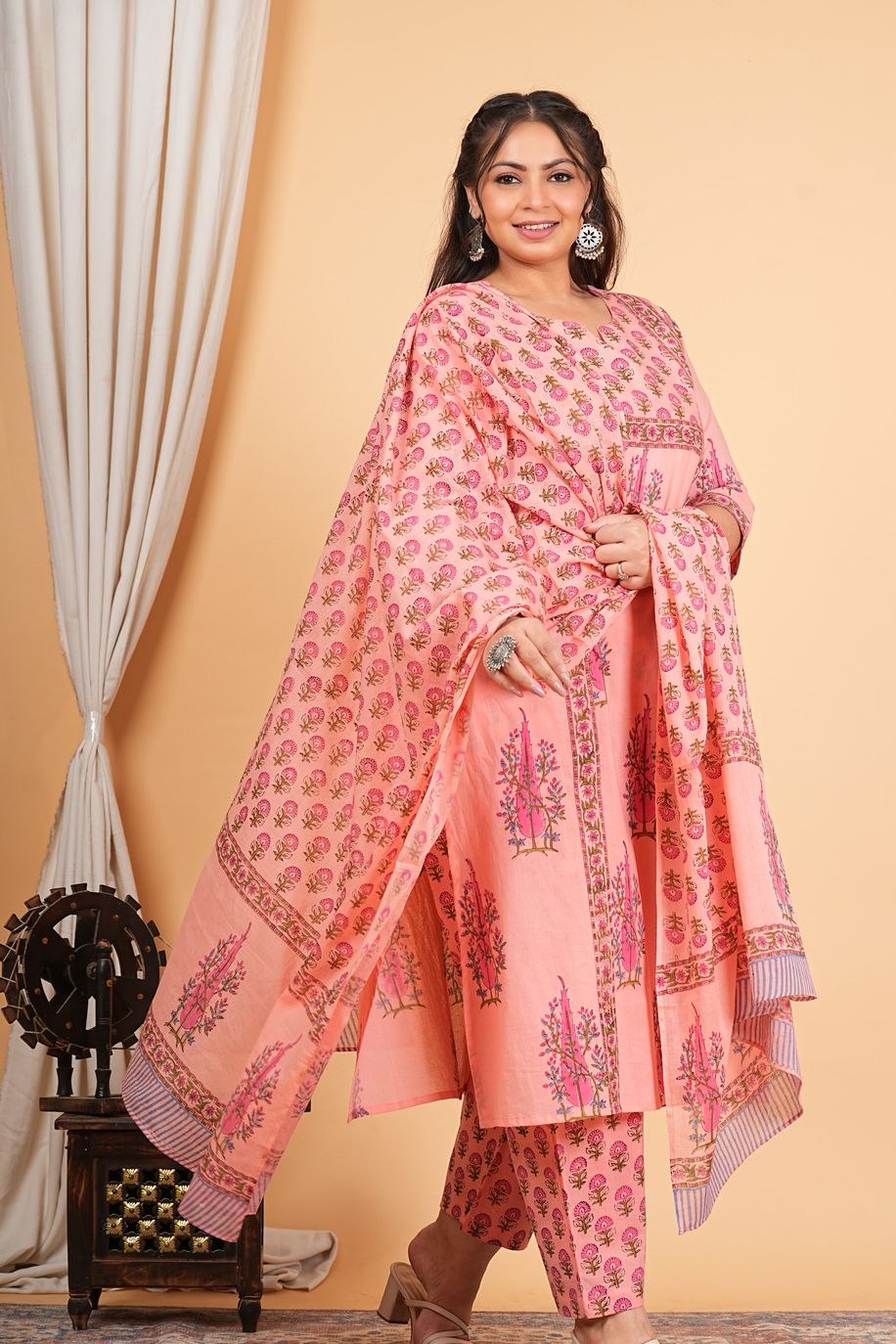 Peach Handblock Printed Kurta Dupatta Set