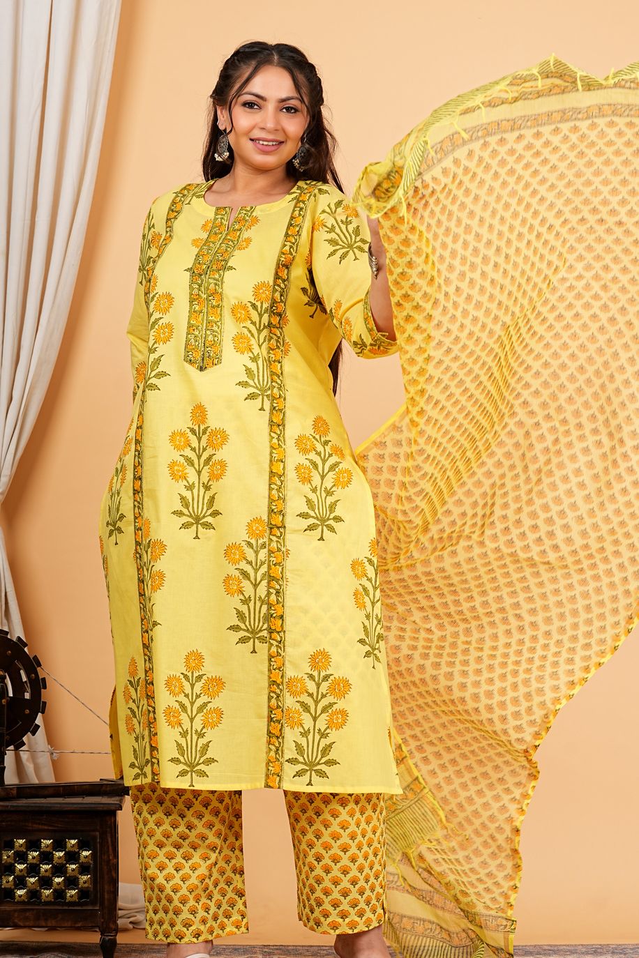 Sun Peela Handblock Printed Kurta Dupatta Set