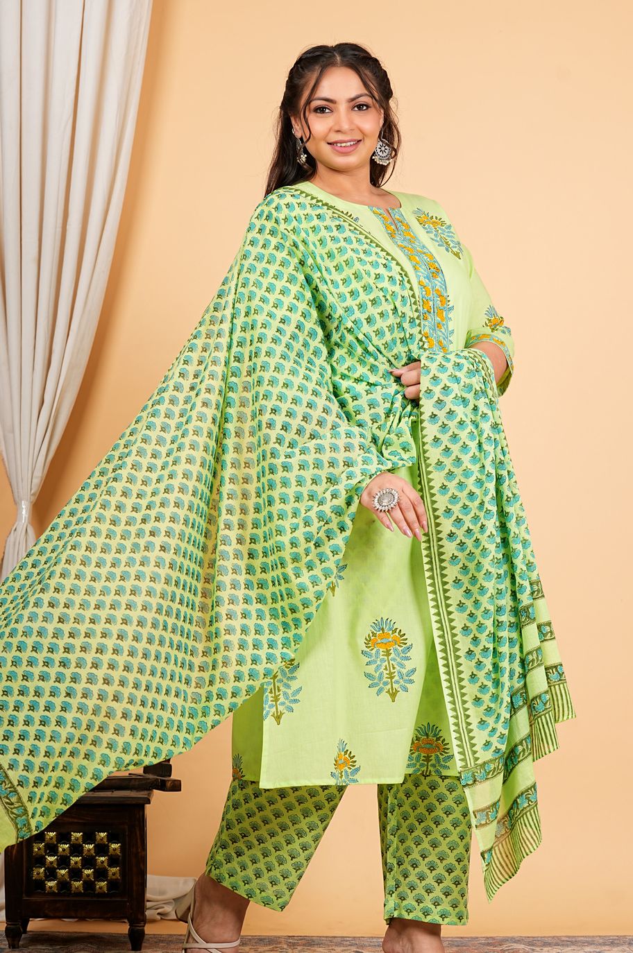 Green Handblock Printed Kurta Dupatta Set