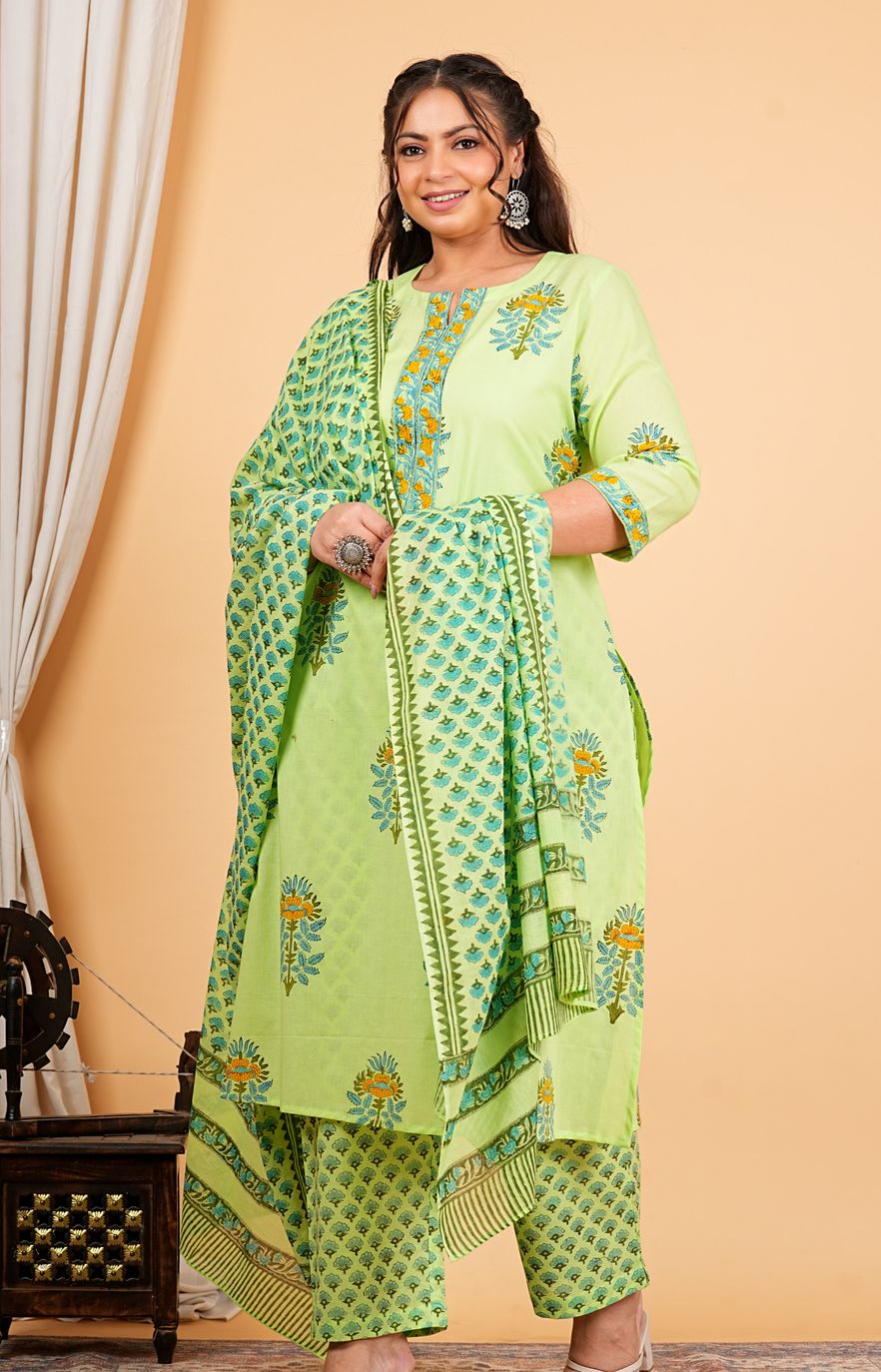 Green Handblock Printed Kurta Dupatta Set