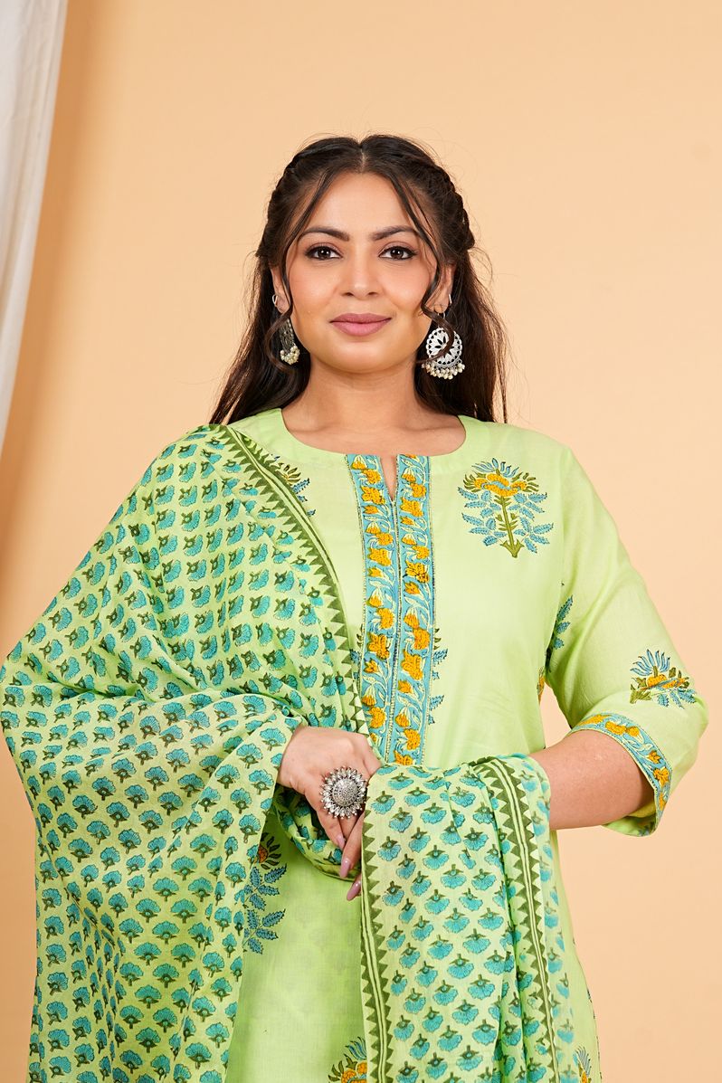 Green Handblock Printed Kurta Dupatta Set