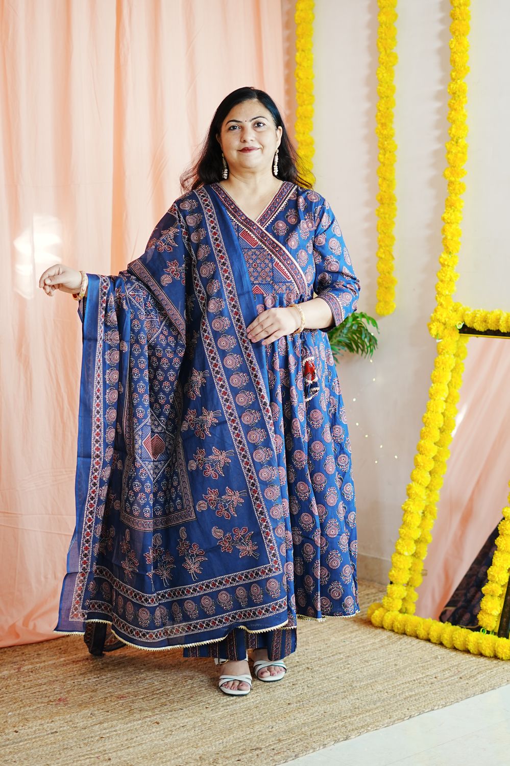 Ajrakh Blue Plus Size Anarkali