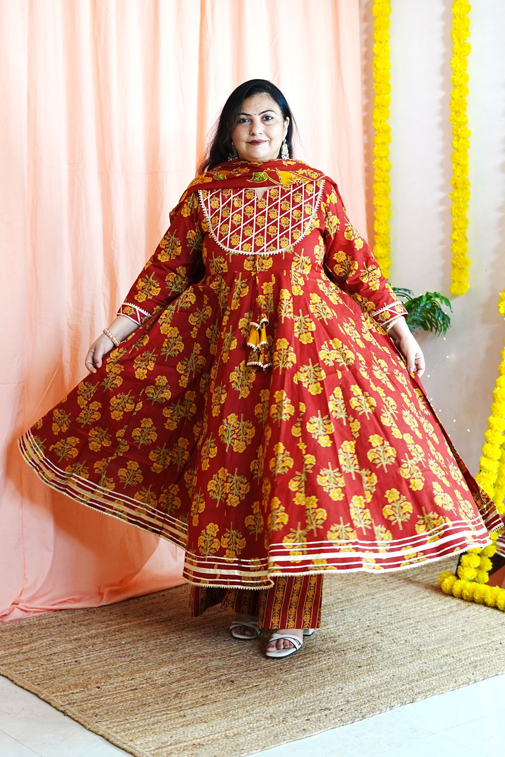 Rust Floral Plus Size Anarkali