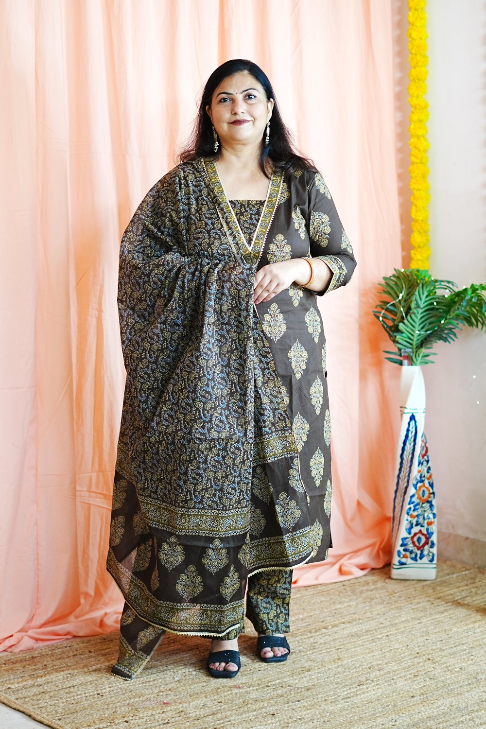 Brown Butta Cotton 3 Pcs Set