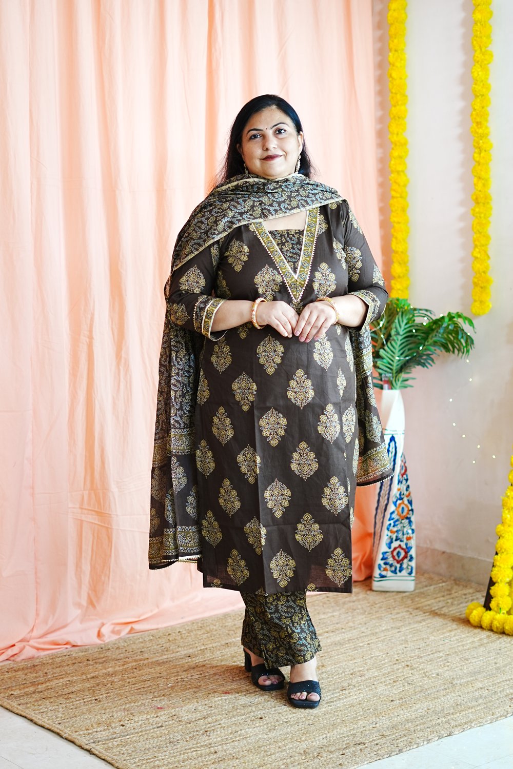 Brown Butta Cotton 3 Pcs Set