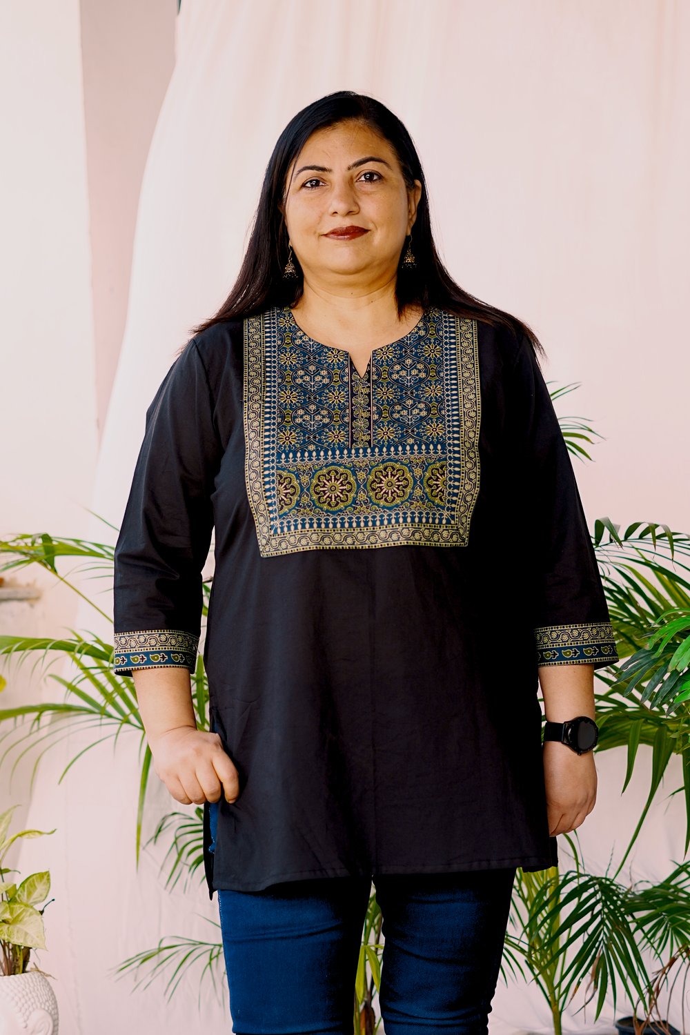 Plus Size Black Ajrakh Patch Tunics