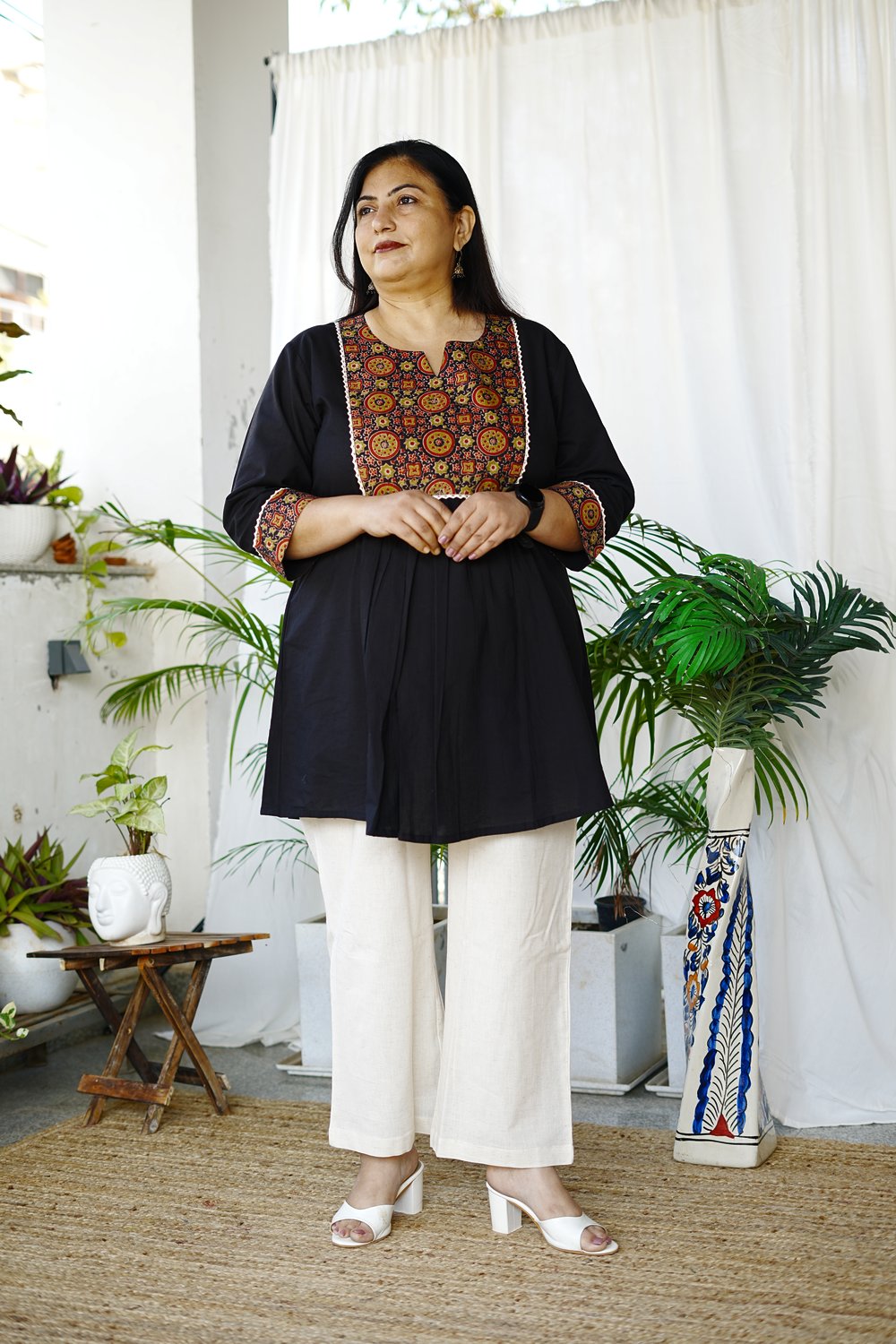 Black Ajrakh Patch Tunics for Plus Size