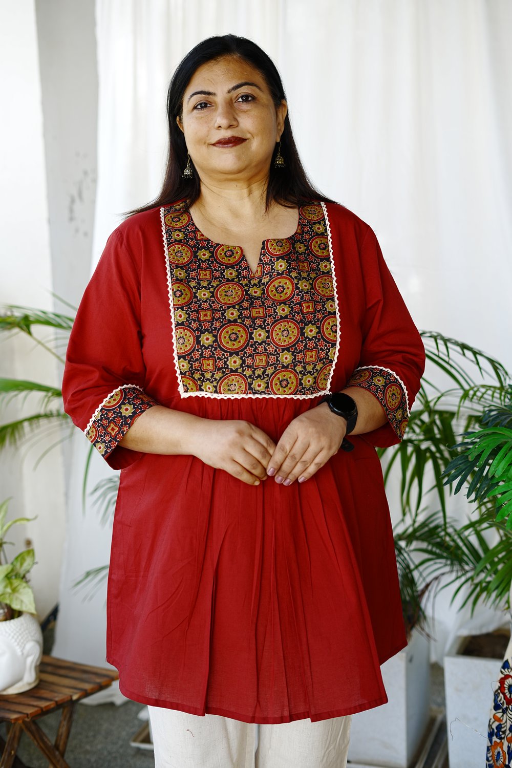 Maroon Ajrakh Patch Tunics for Plus Size