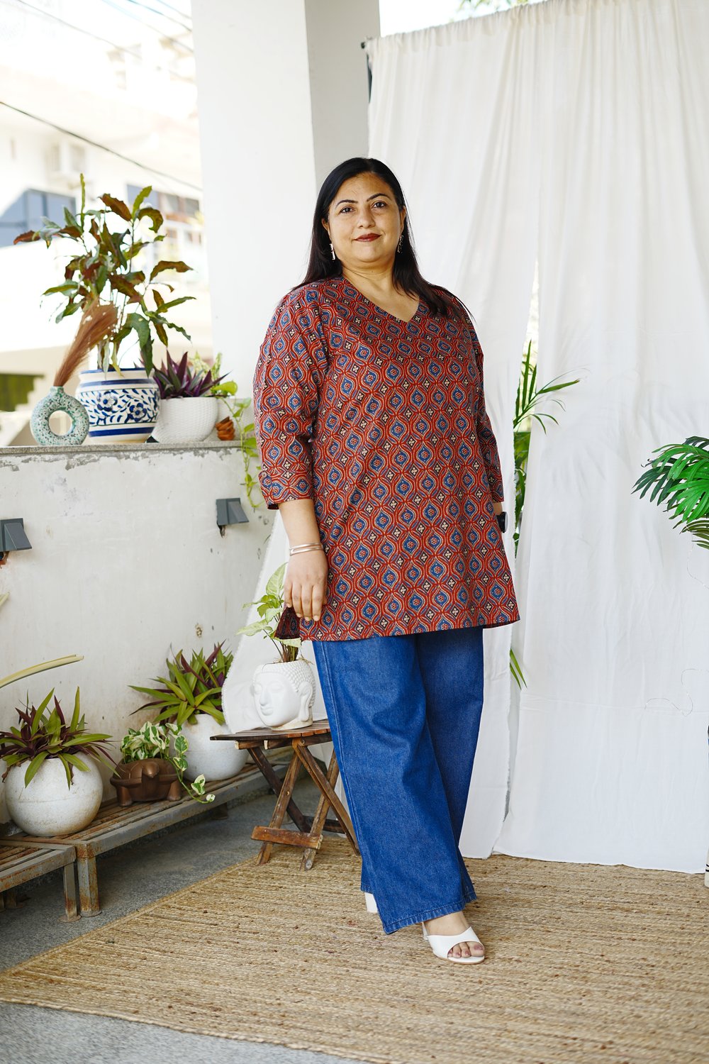 Maroon Ajrakh Printed Short Kurta