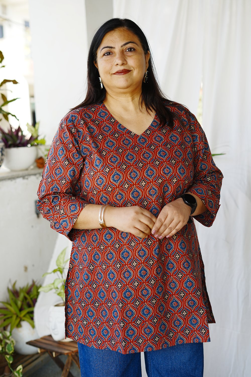 Maroon Ajrakh Printed Short Kurta