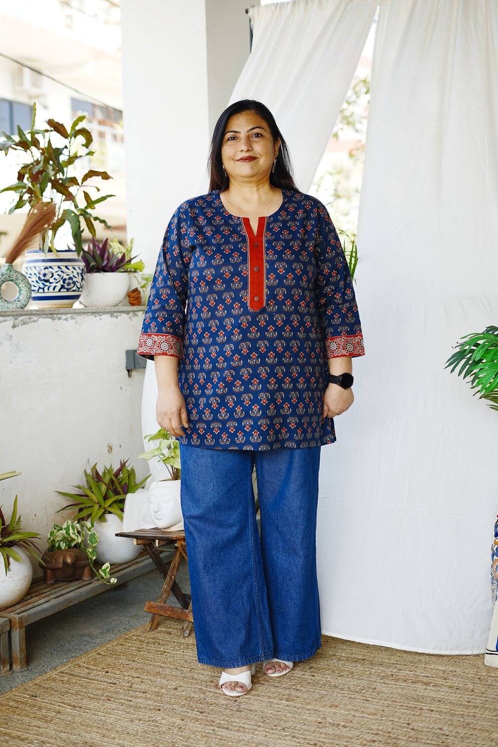 Plus Size Blue Jaipuri Printed Short Kurta