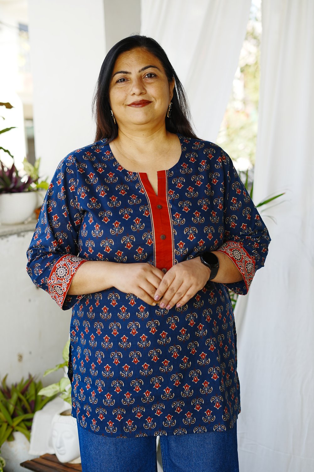 Plus Size Blue Jaipuri Printed Short Kurta
