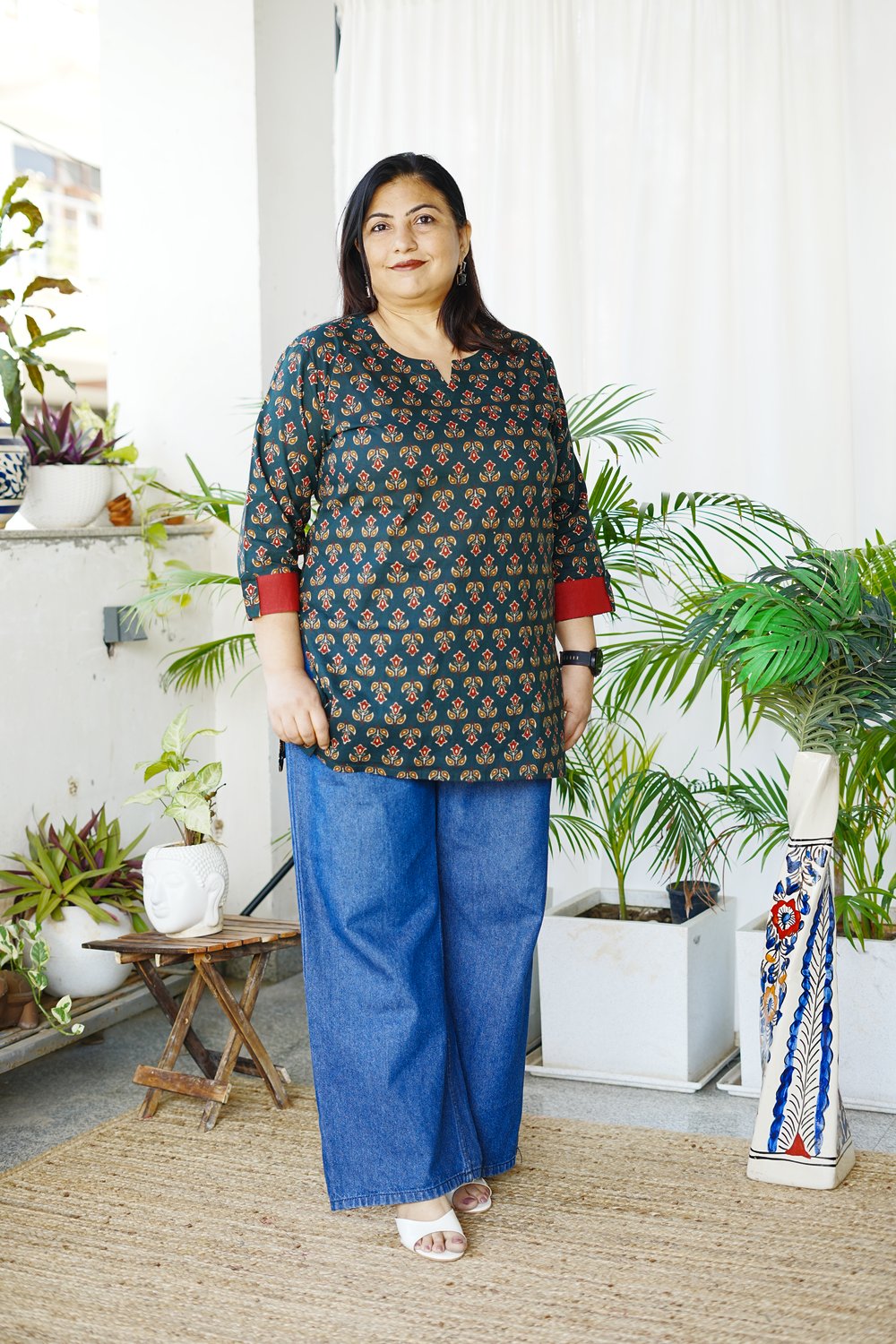 Plus Size Green Jaipuri Printed Short Kurta