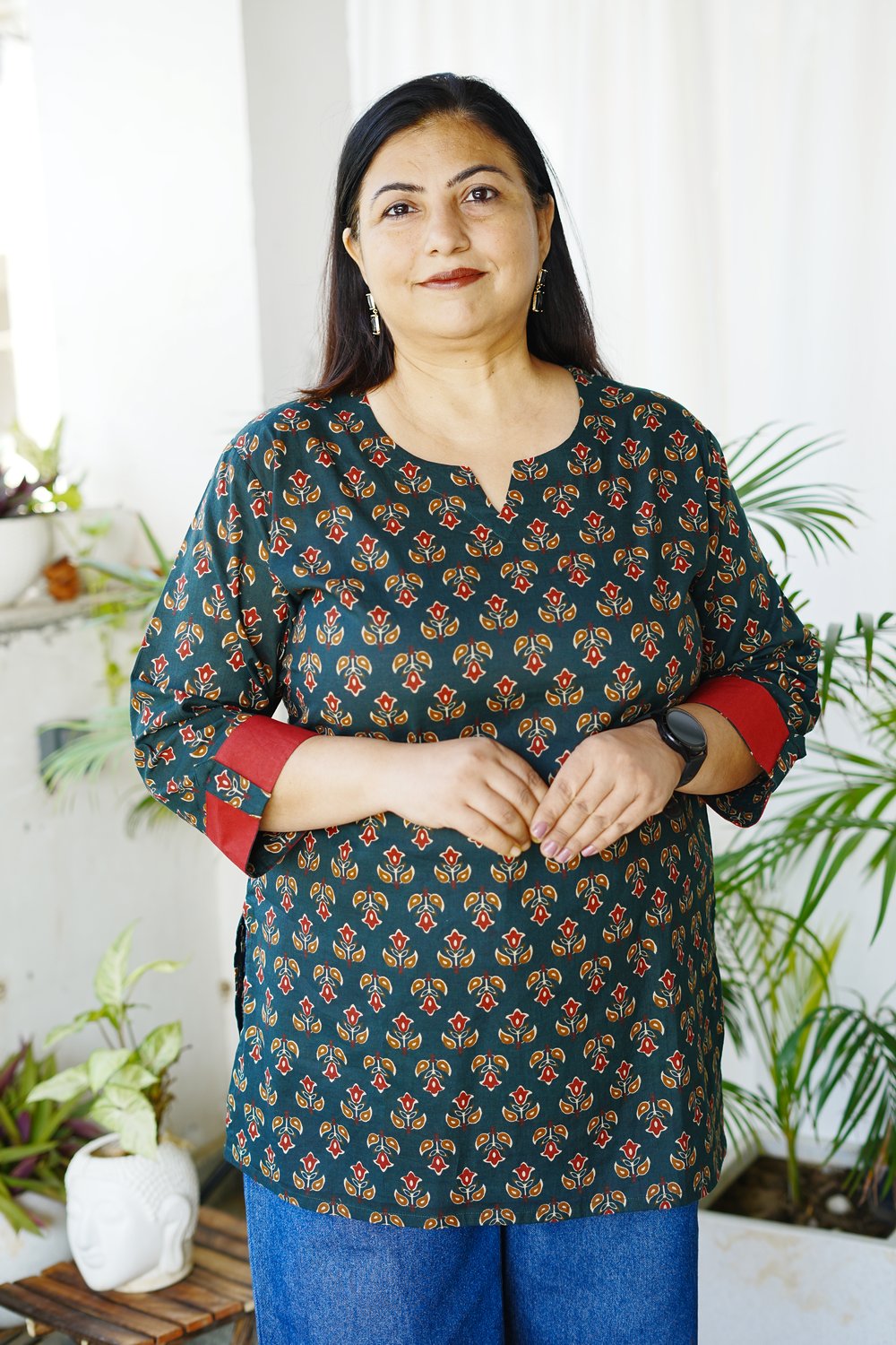 Plus Size Green Jaipuri Printed Short Kurta