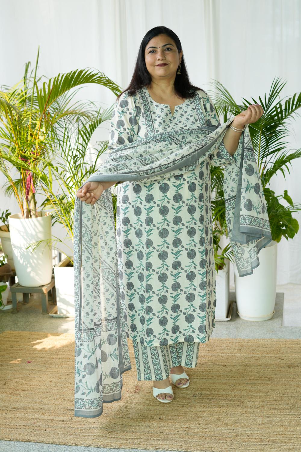 Grey Sanganeri Butta 3Pcs Set