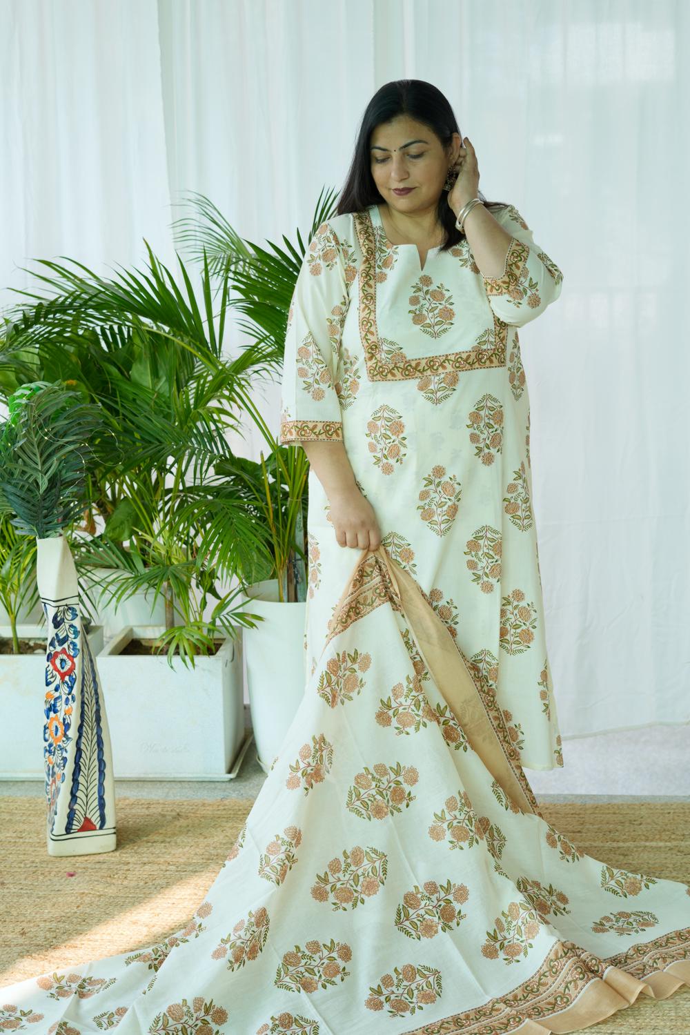 Beige Jaipuri Butta 3Pcs Set