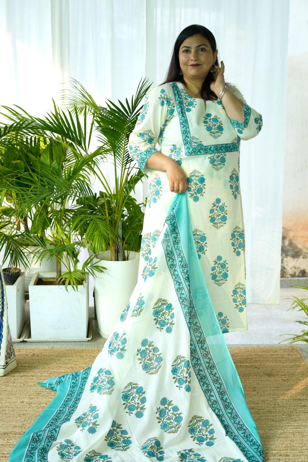 Turquoise Blue Jaipuri Butta 3Pcs Set