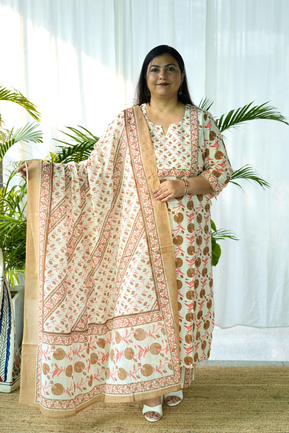 Brown Sanganeri Butta 3Pcs Set