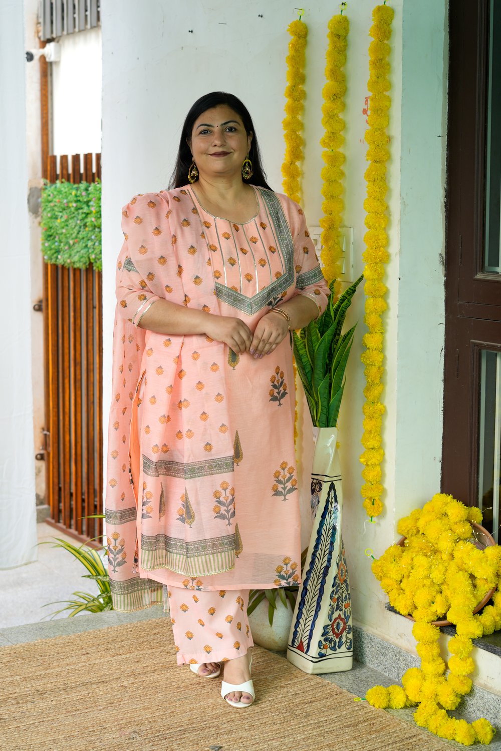 Block Printed Chanderi Peach Dupatta Set