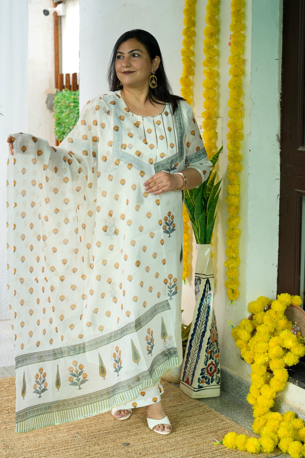 Block Printed Chanderi Off White Dupatta Set